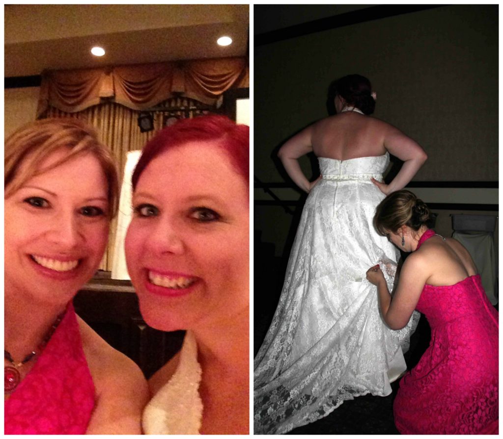 Bridal selfie on the left, bustle repair on the right. I'm the MacGyver of weddings.